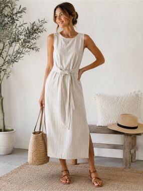 Active USA Linen Blend Striped Midi Dress Large Neutral Tie Waist